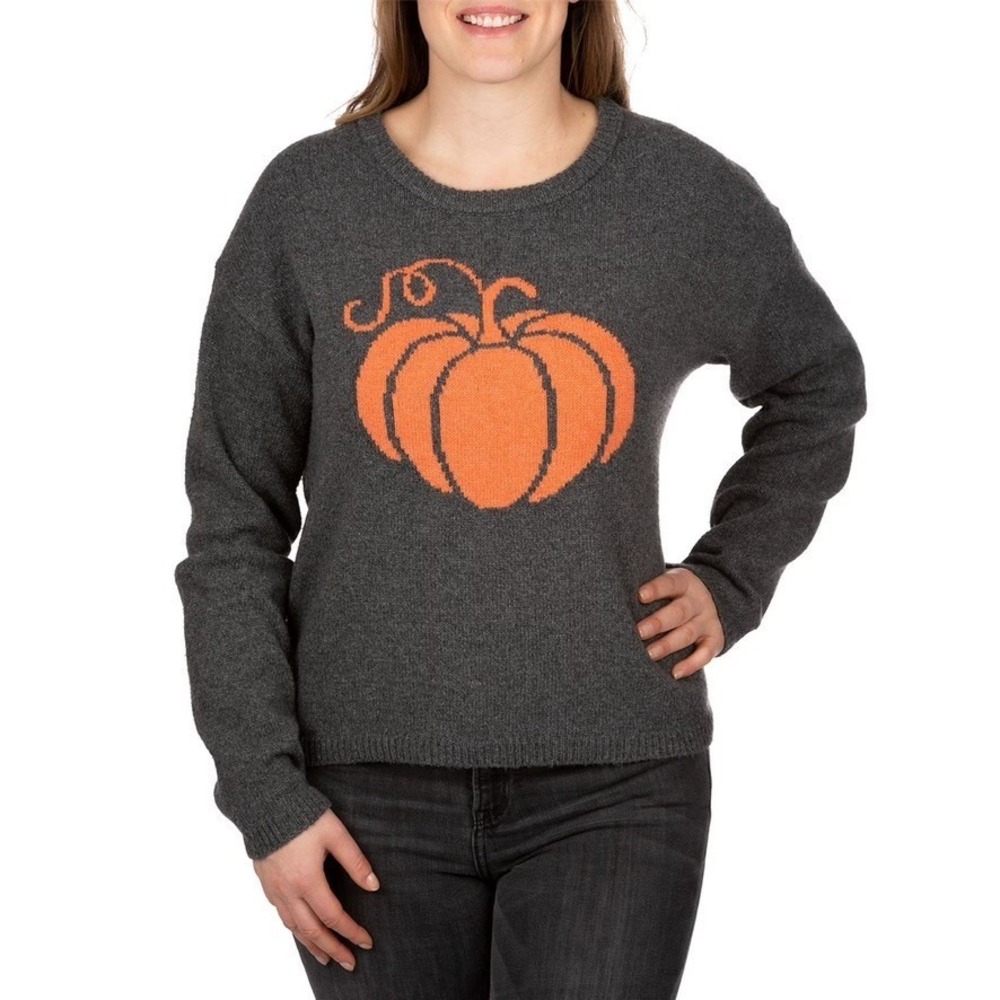 State of Mine Womens Pumpkin Graphic Sweater‎ Gray Orange XXL Fall Halloween New